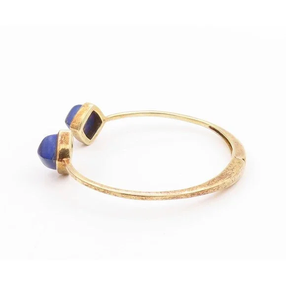 925 Sterling Silver Vintage Bracelet Gold Parted Lapis Lazuli Ended Cuff BT11337 - Picture 7 of 9